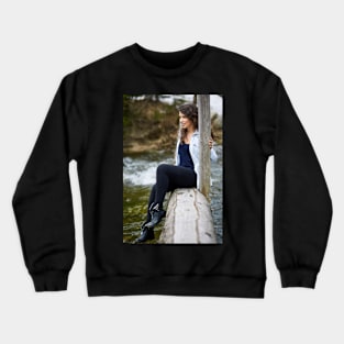 Woman tourist on a wooden bridge Crewneck Sweatshirt